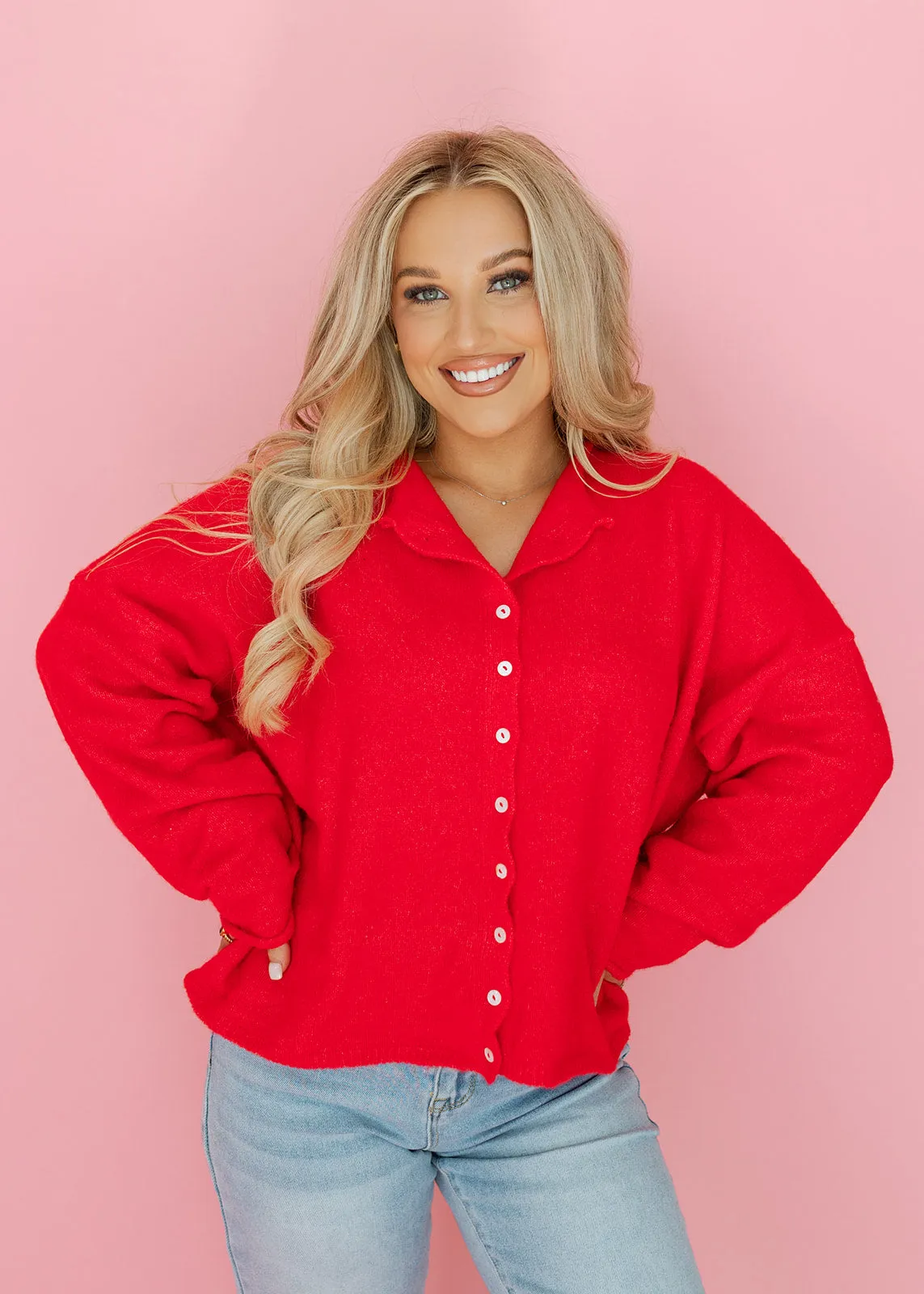 Piper Button Cardigan - Red