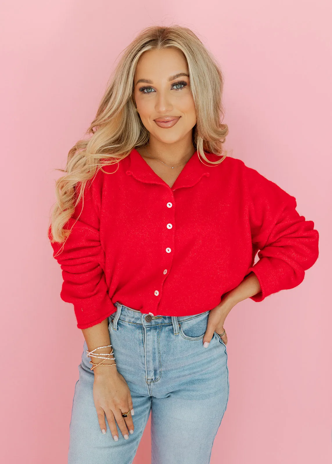 Piper Button Cardigan - Red