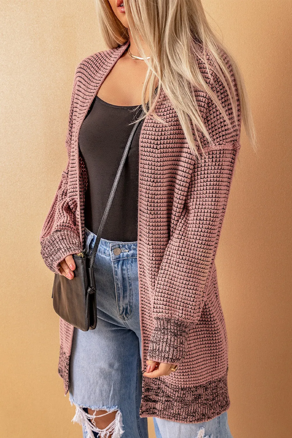 Plaid Knitted Long Open Front Pink Cardigan