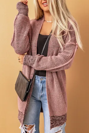 Plaid Knitted Long Open Front Pink Cardigan