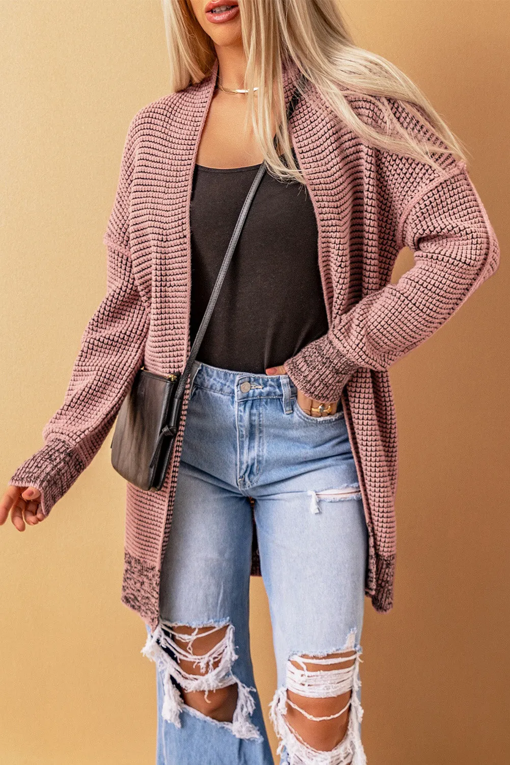 Plaid Knitted Long Open Front Pink Cardigan