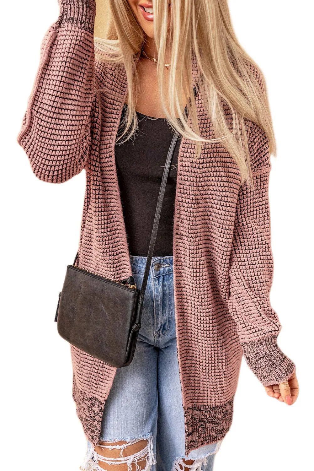 Plaid Knitted Long Open Front Pink Cardigan