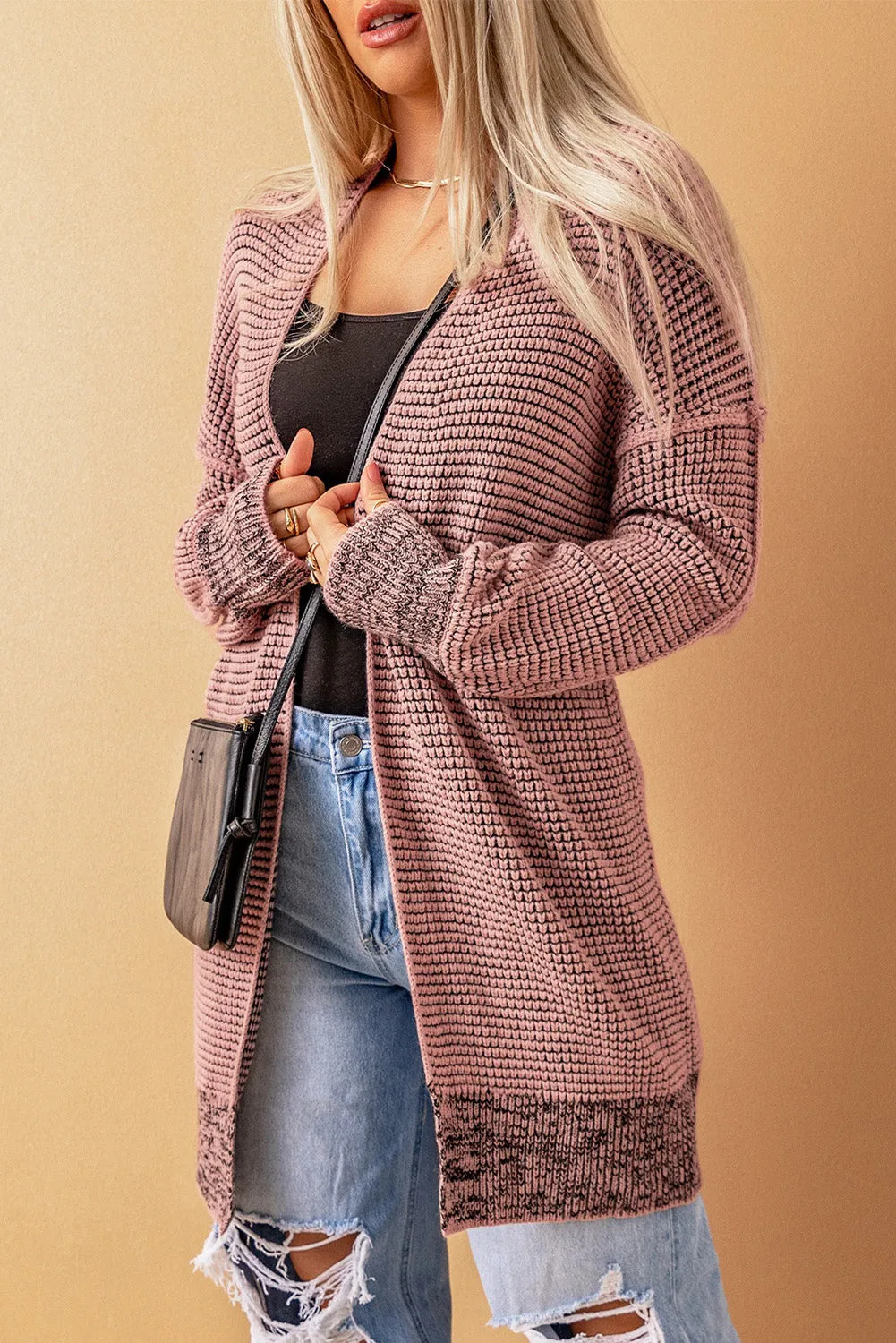 Plaid Knitted Long Open Front Pink Cardigan