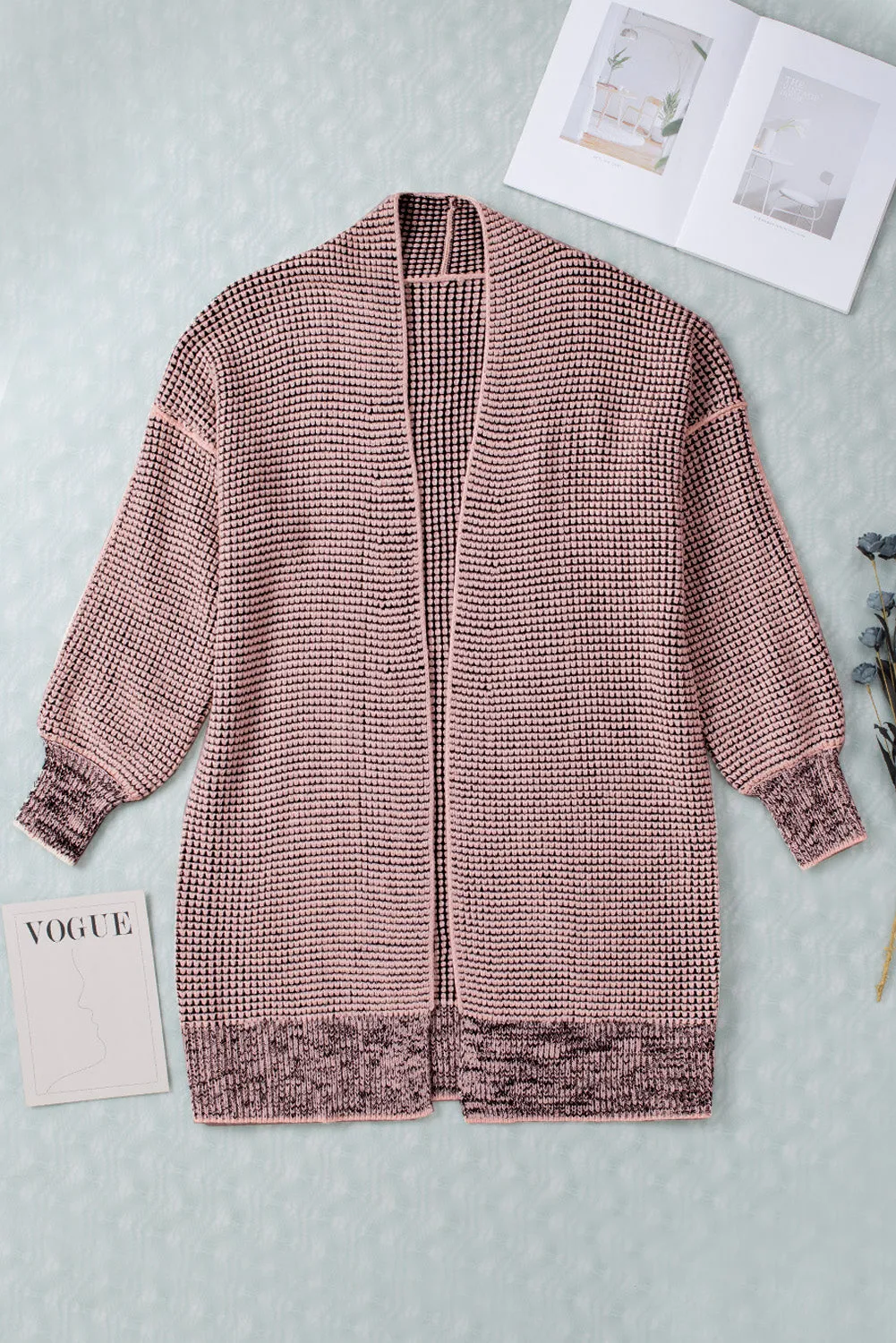 Plaid Knitted Long Open Front Pink Cardigan