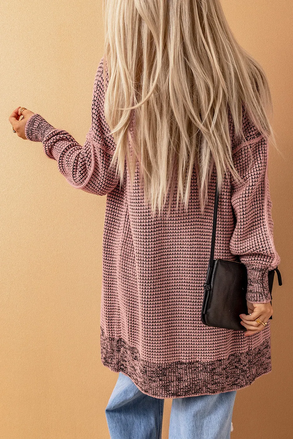 Plaid Knitted Long Open Front Pink Cardigan