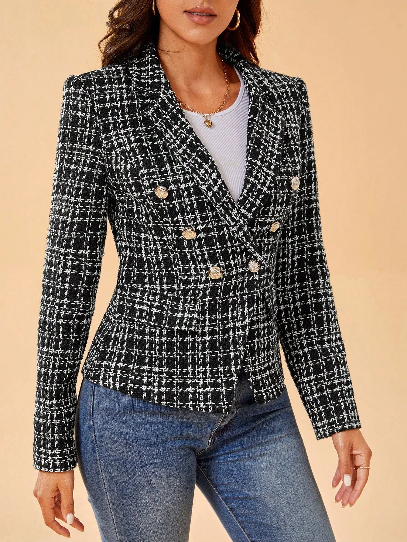 Plaid Pattern Double Breasted Tweed Overcoat