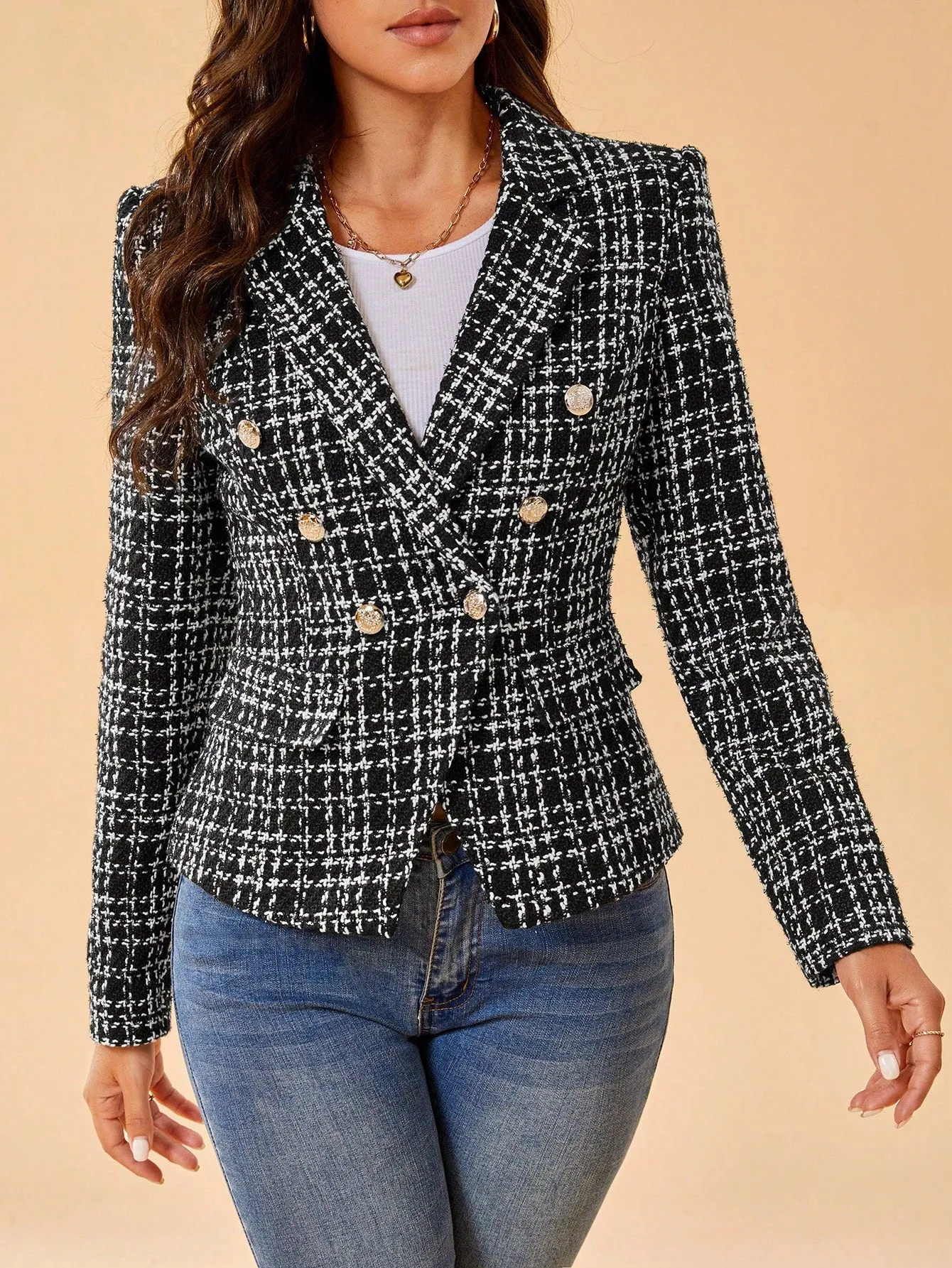 Plaid Pattern Double Breasted Tweed Overcoat