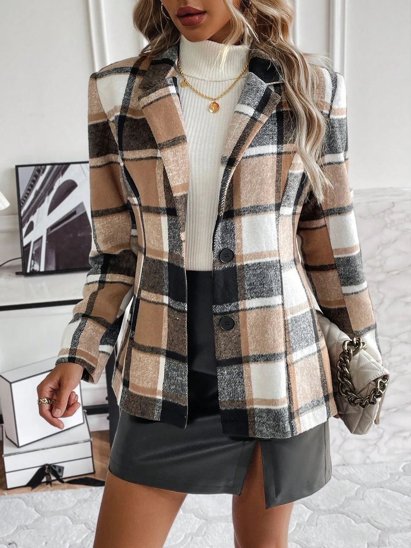 Plaid Print Lapel Neck Blazer