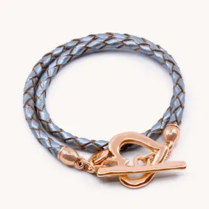 Pleated Leather Wrap Bracelet, Rose gold & Metallic Grey