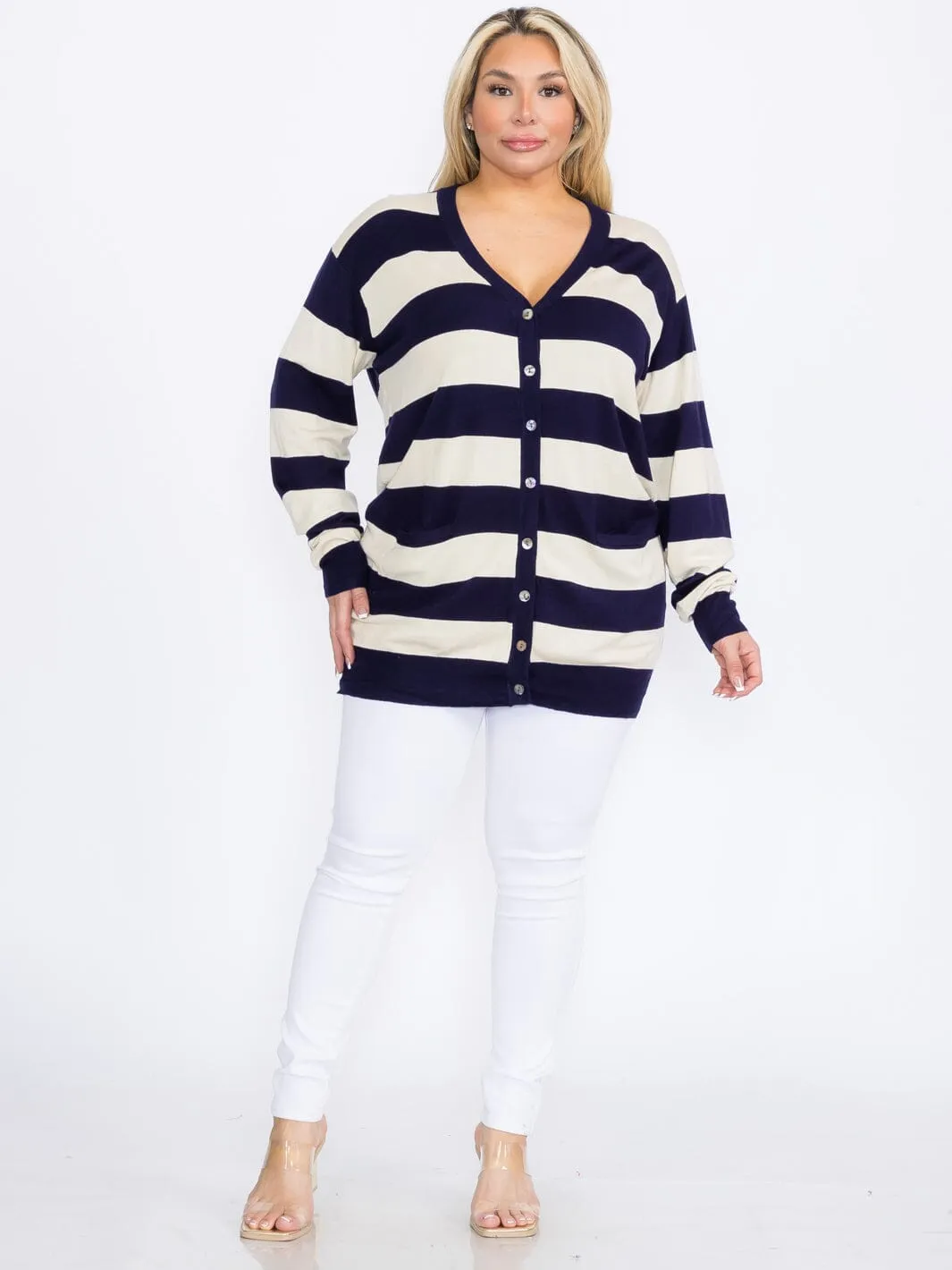 PLUS SIZE LONG SLEEVE FRONT POCKETS BUTTON UP COLORBLOCK STRIPES CARDIGAN