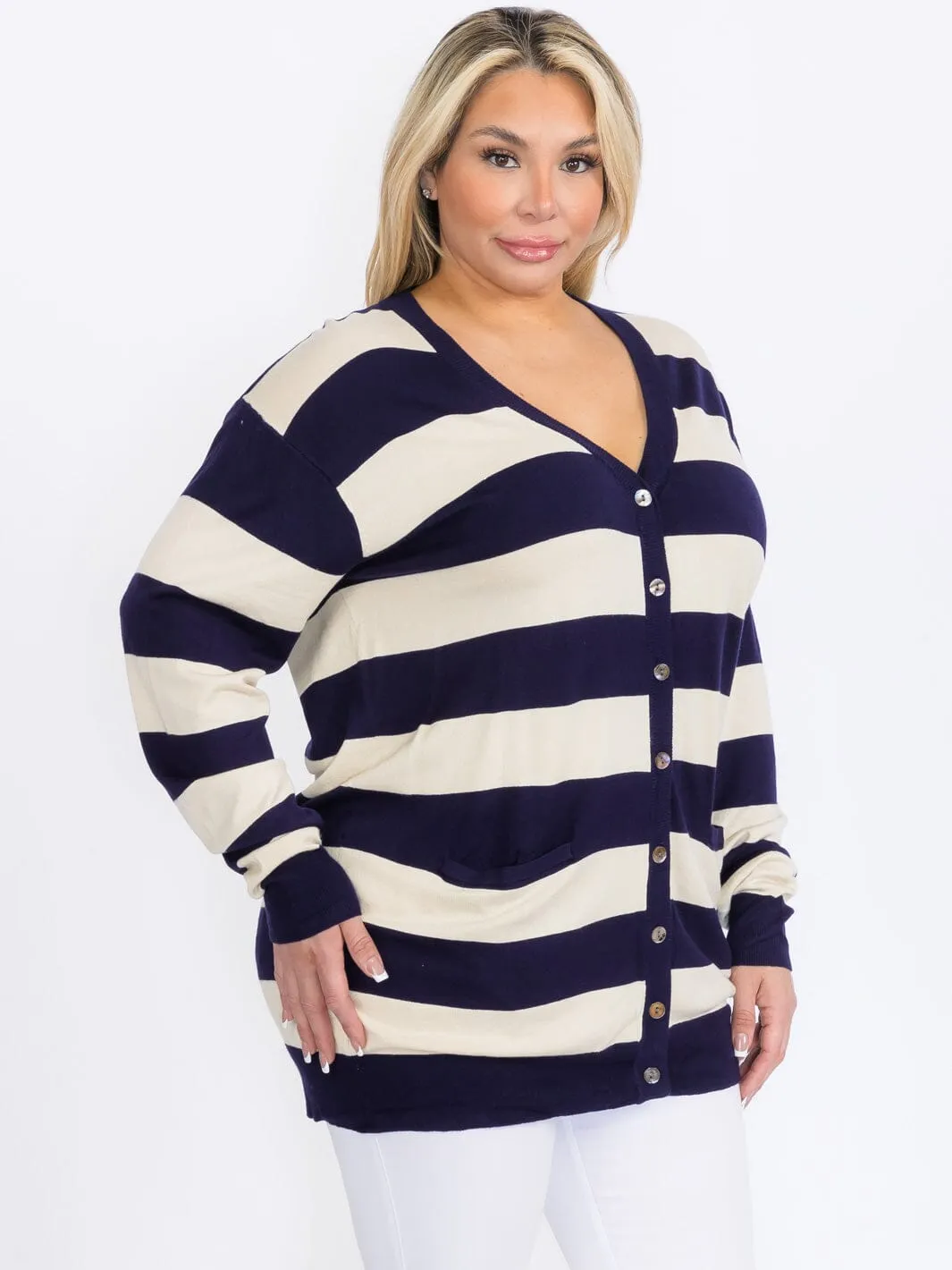 PLUS SIZE LONG SLEEVE FRONT POCKETS BUTTON UP COLORBLOCK STRIPES CARDIGAN