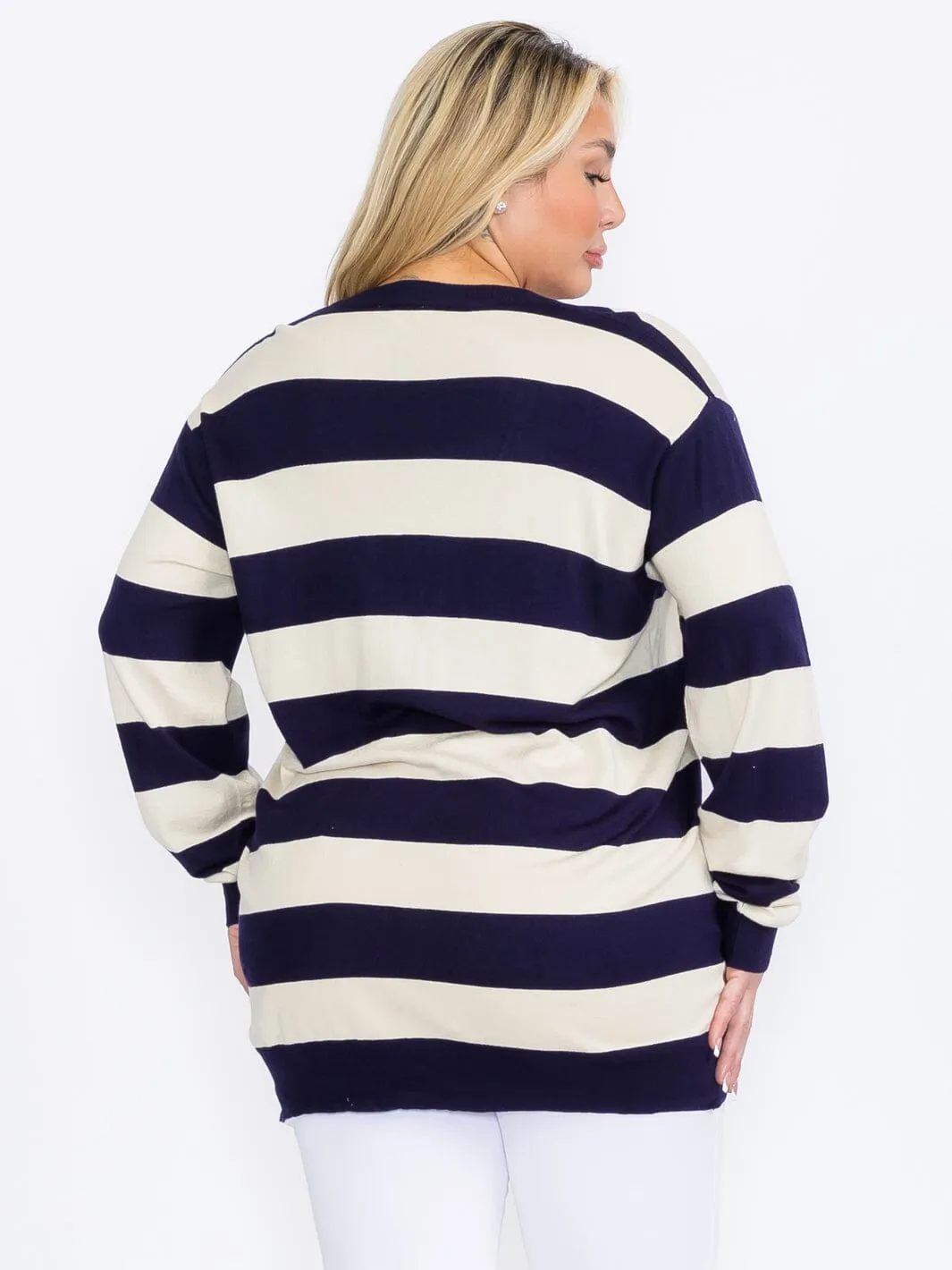 PLUS SIZE LONG SLEEVE FRONT POCKETS BUTTON UP COLORBLOCK STRIPES CARDIGAN