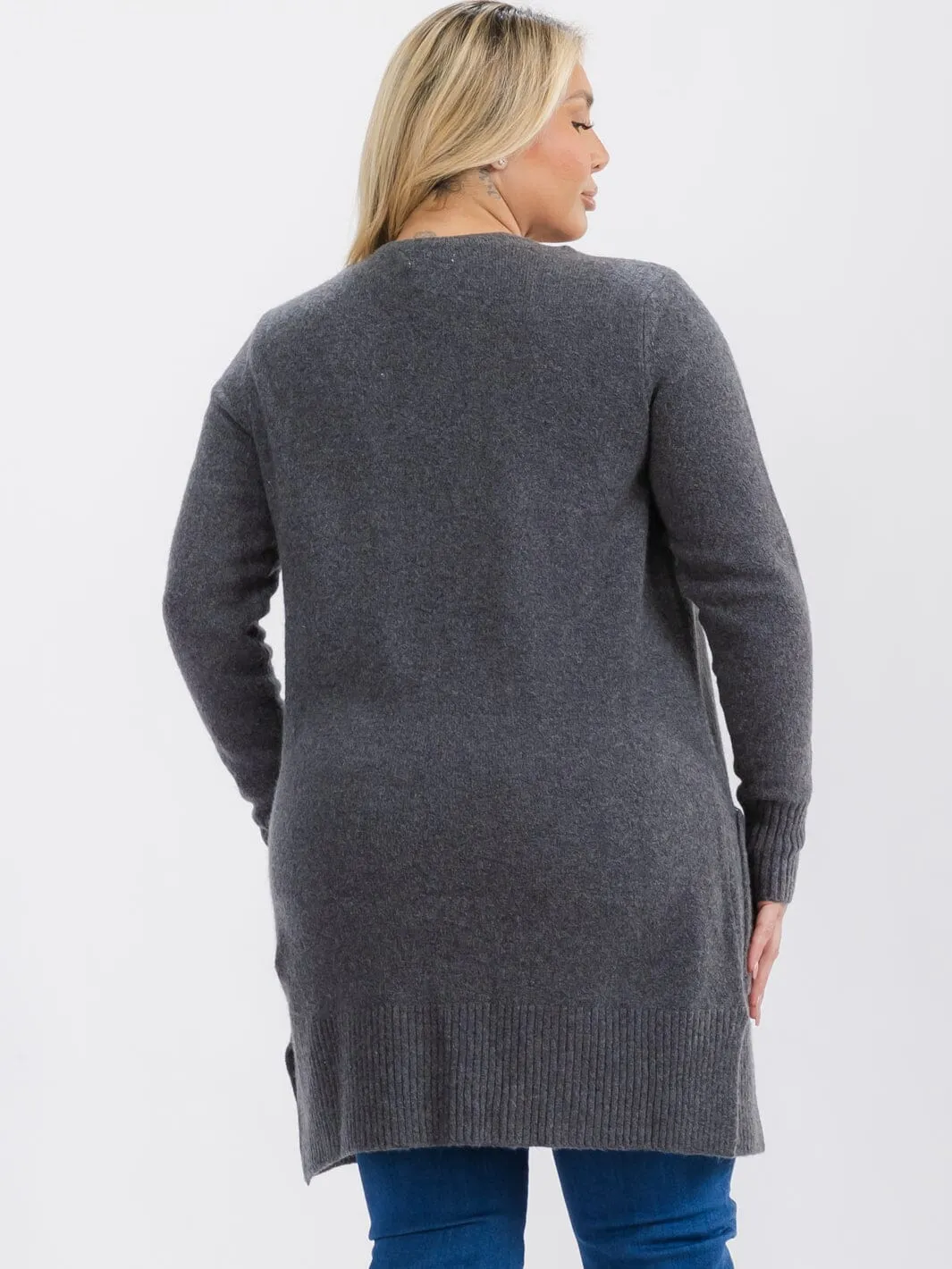 PLUS SIZE LONG SLEEVE OPEN FRONT POCKETS CARDIGAN
