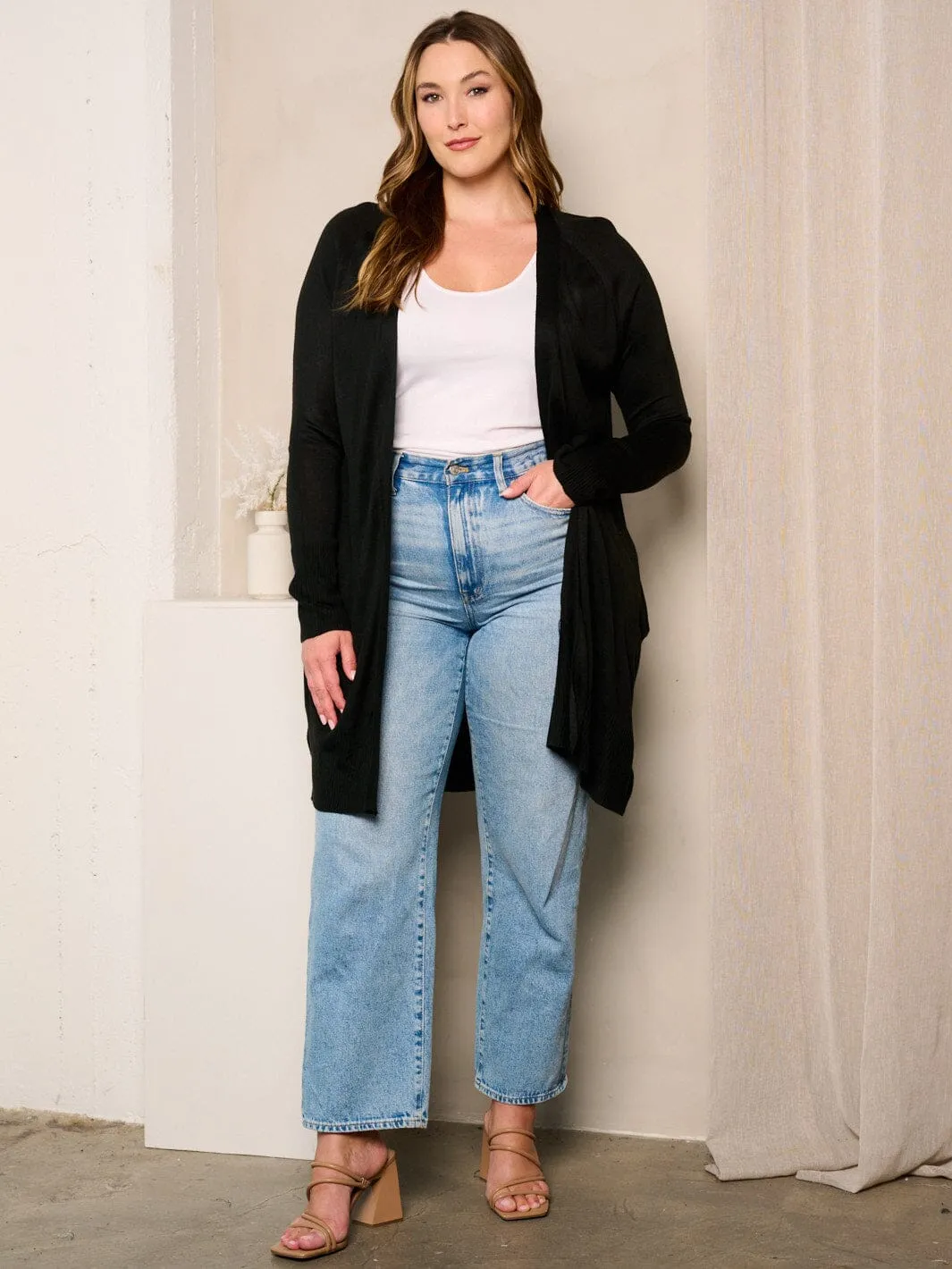 PLUS SIZE  LONG SLEEVE OPEN FRONT POCKETS CARDIGAN