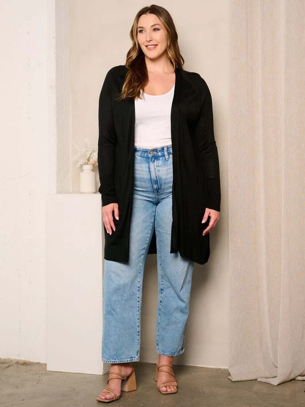 PLUS SIZE  LONG SLEEVE OPEN FRONT POCKETS CARDIGAN