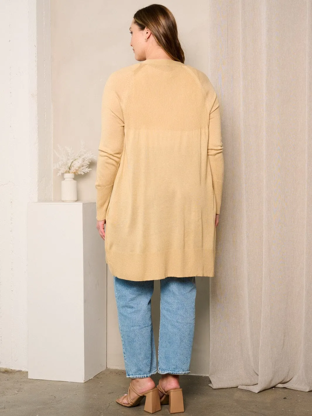 PLUS SIZE  LONG SLEEVE OPEN FRONT POCKETS CARDIGAN