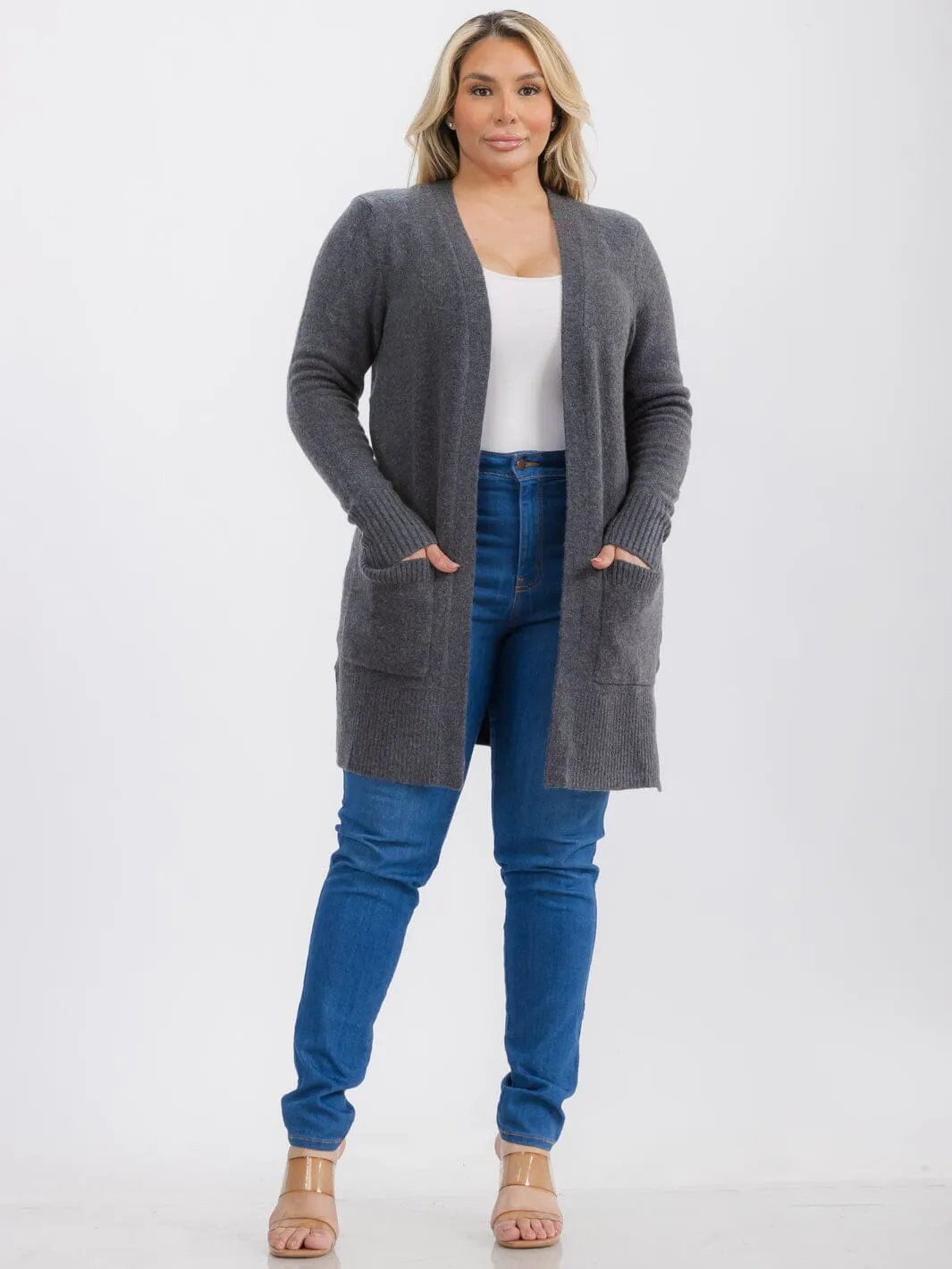 PLUS SIZE LONG SLEEVE OPEN FRONT POCKETS CARDIGAN