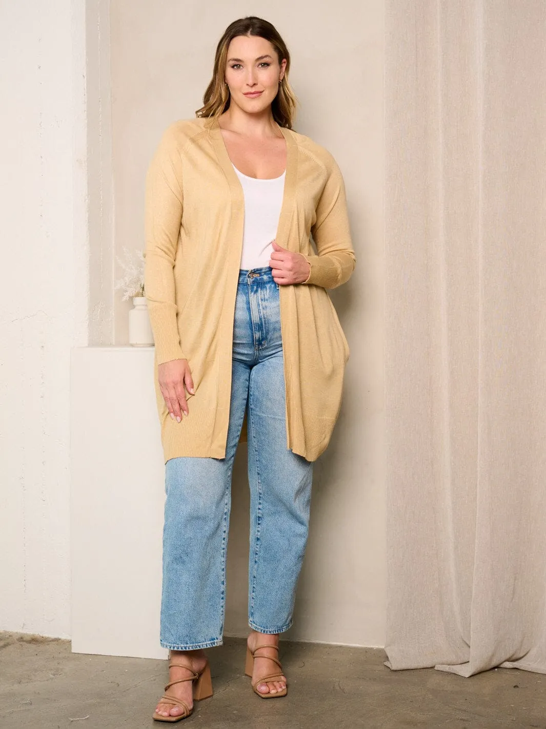 PLUS SIZE  LONG SLEEVE OPEN FRONT POCKETS CARDIGAN