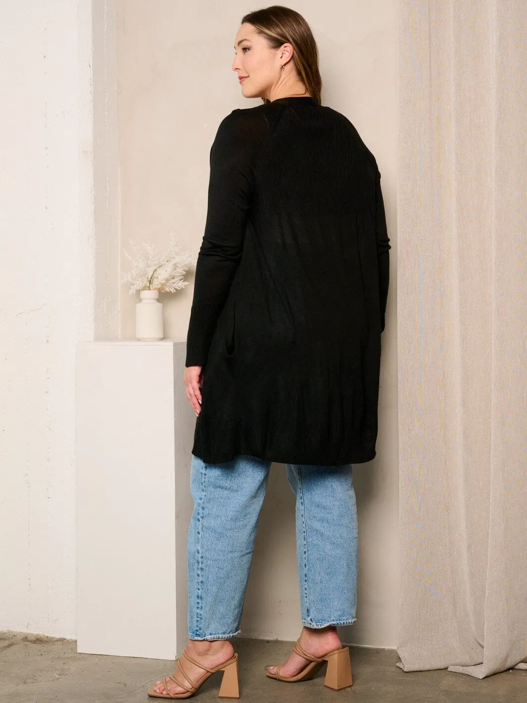PLUS SIZE  LONG SLEEVE OPEN FRONT POCKETS CARDIGAN