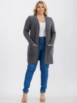 PLUS SIZE LONG SLEEVE OPEN FRONT POCKETS CARDIGAN