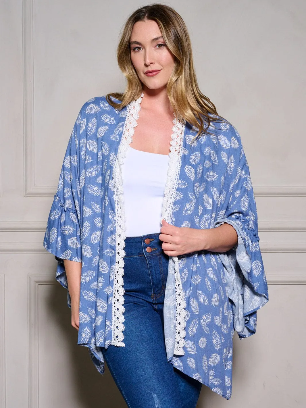 PLUS SIZE LONG SLEEVE OPEN FRONT TRIM DETAILED LEAF PRINT KIMONO