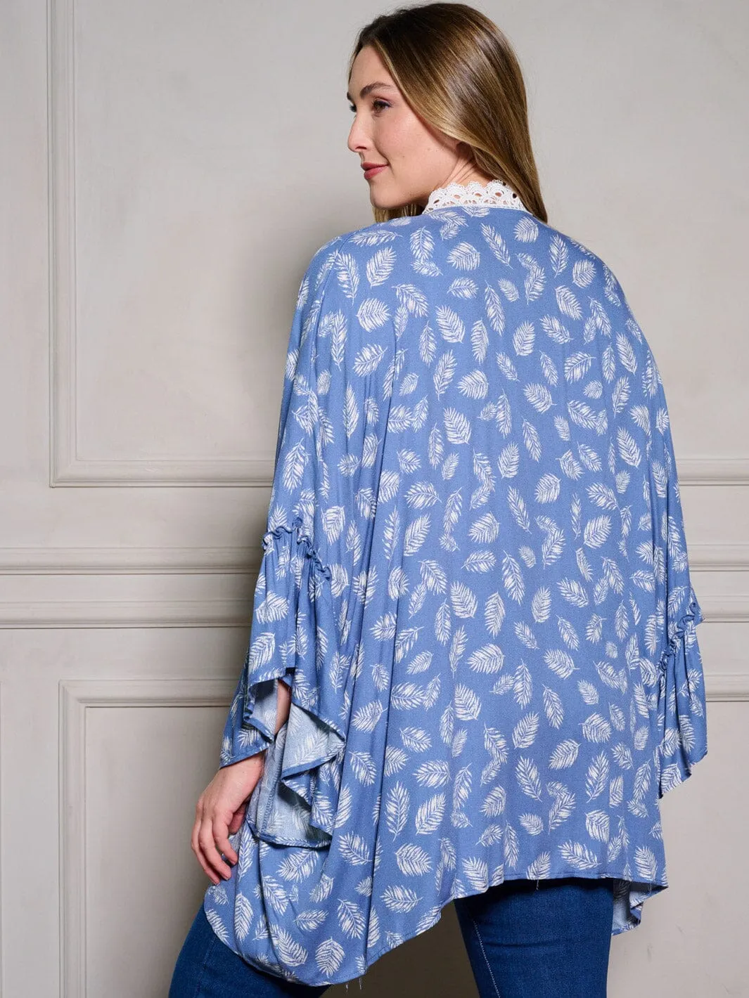 PLUS SIZE LONG SLEEVE OPEN FRONT TRIM DETAILED LEAF PRINT KIMONO