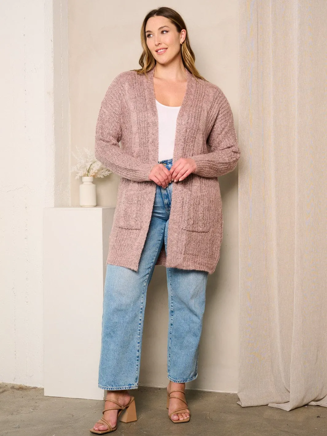 PLUS SIZE LONG SLEEVES OPEN FRONT POCKETS CARDIGAN