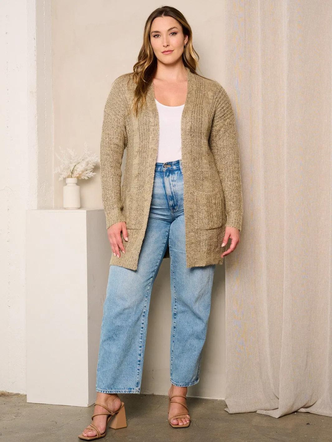 PLUS SIZE LONG SLEEVES OPEN FRONT POCKETS CARDIGAN