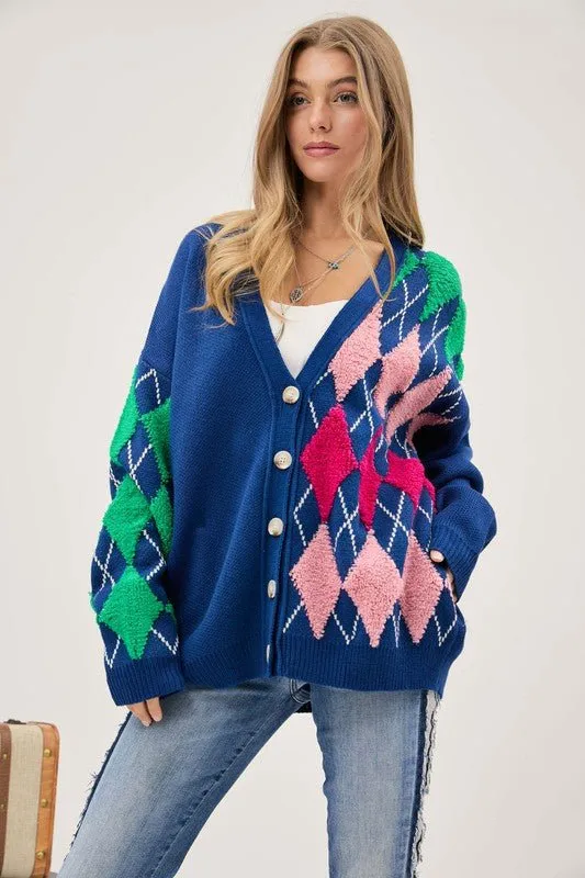 Plush Argyle Loose Fit Knit Cardigan
