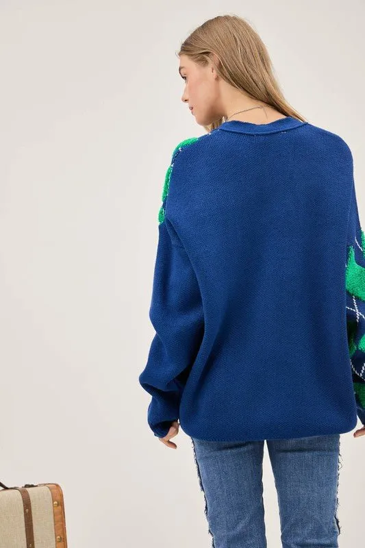 Plush Argyle Loose Fit Knit Cardigan