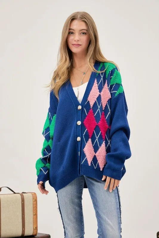 Plush Argyle Loose Fit Knit Cardigan