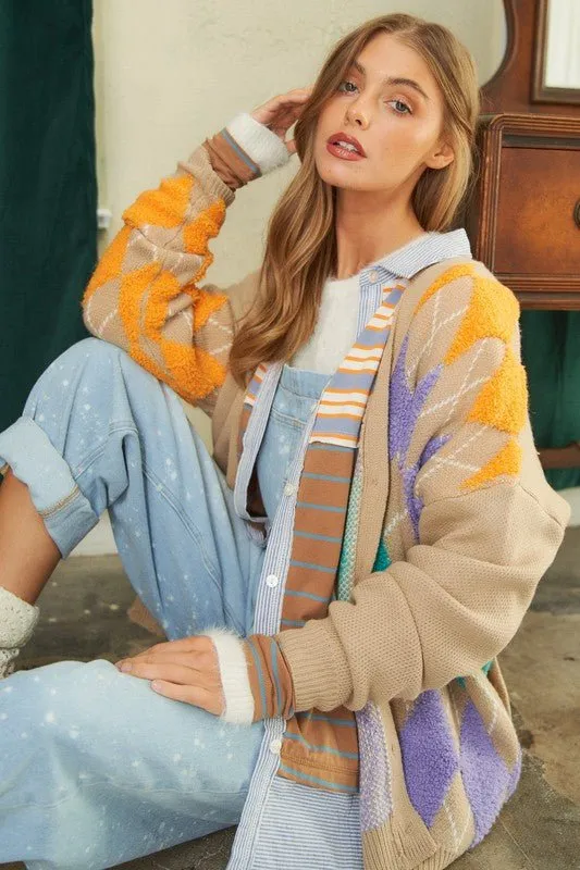 Plush Argyle Loose Fit Knit Cardigan