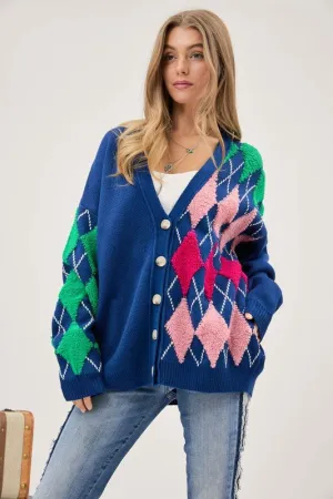 Plush Argyle Loose Fit Knit Cardigan