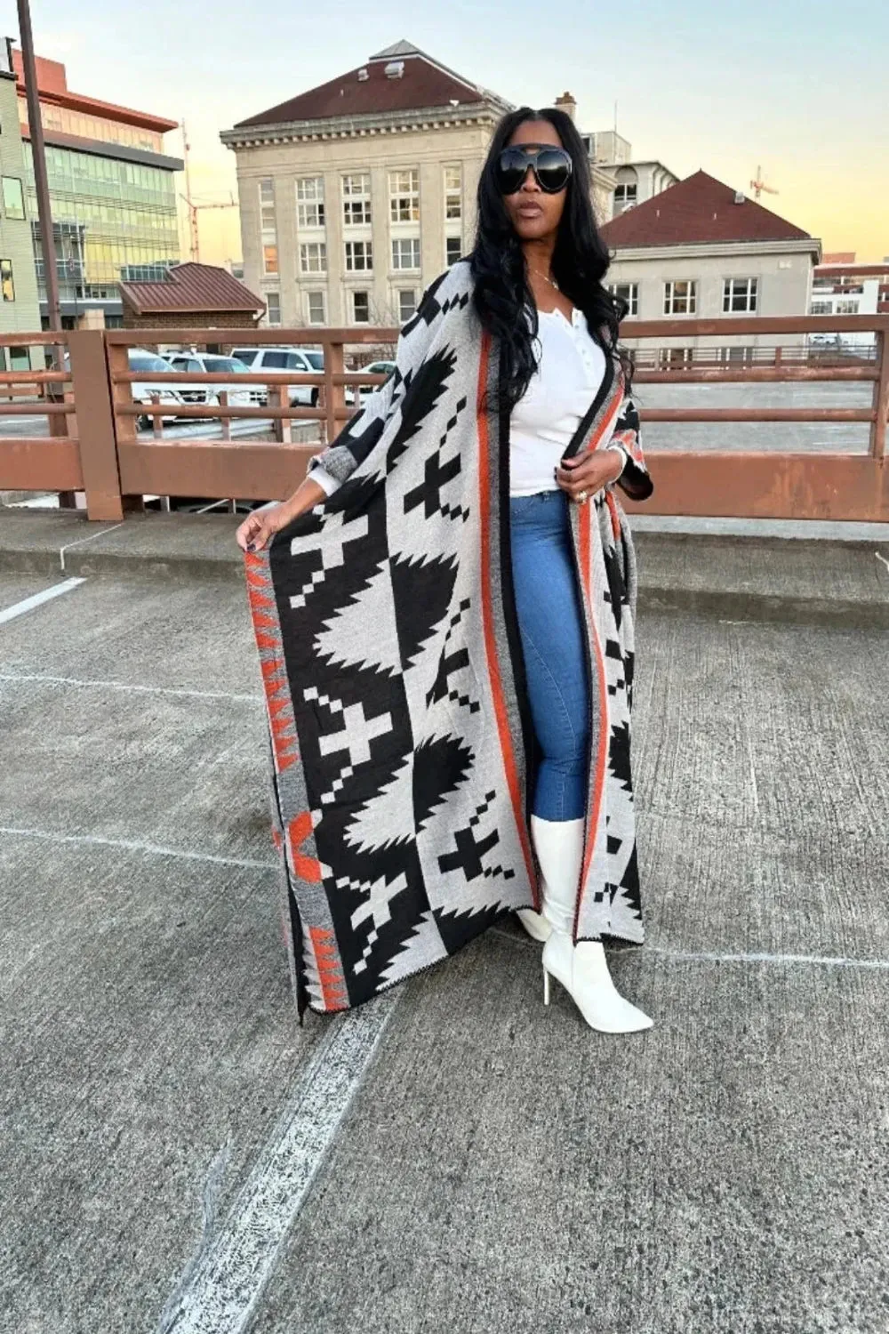 Printed Open Front Long Cardigan