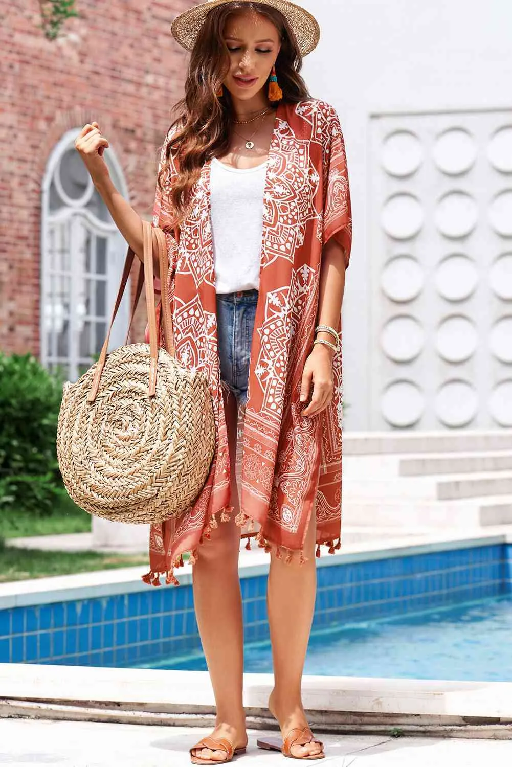 Printed Tassel Trim Open Front Cardigan