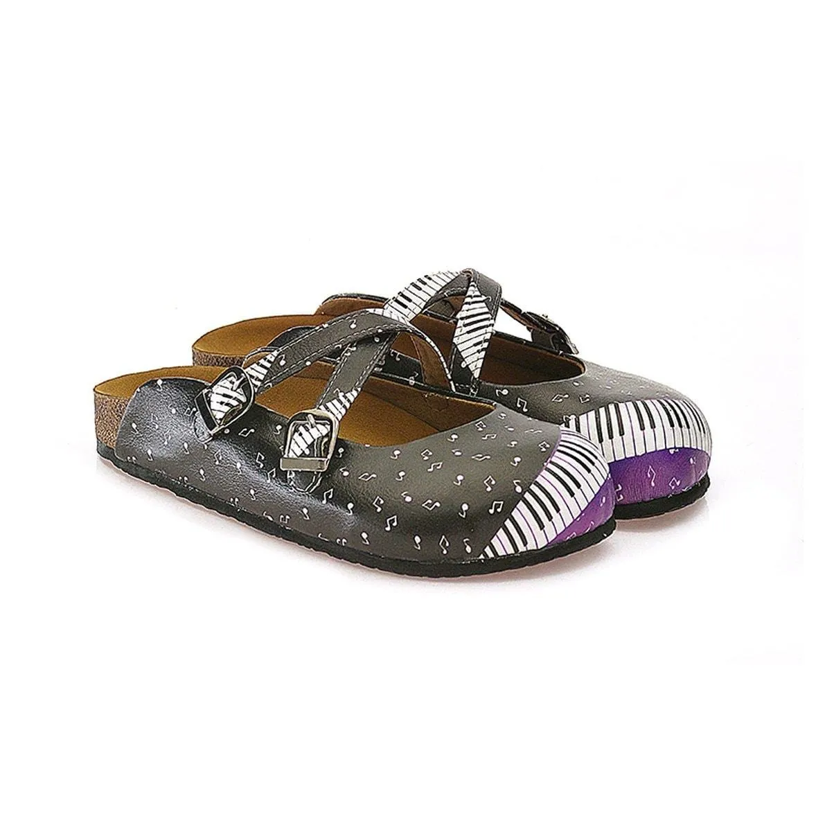 Purple, Black and White Colored, Music Notes Piano Patterned Clogs - WCAL115