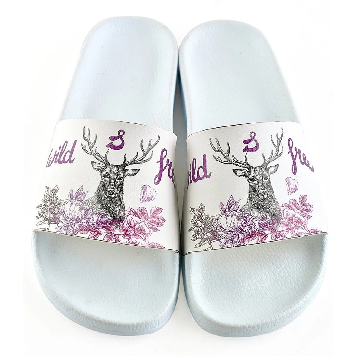 Purple Colored Wild and Free Written, Black Deer Patterned Sandal - CAP111