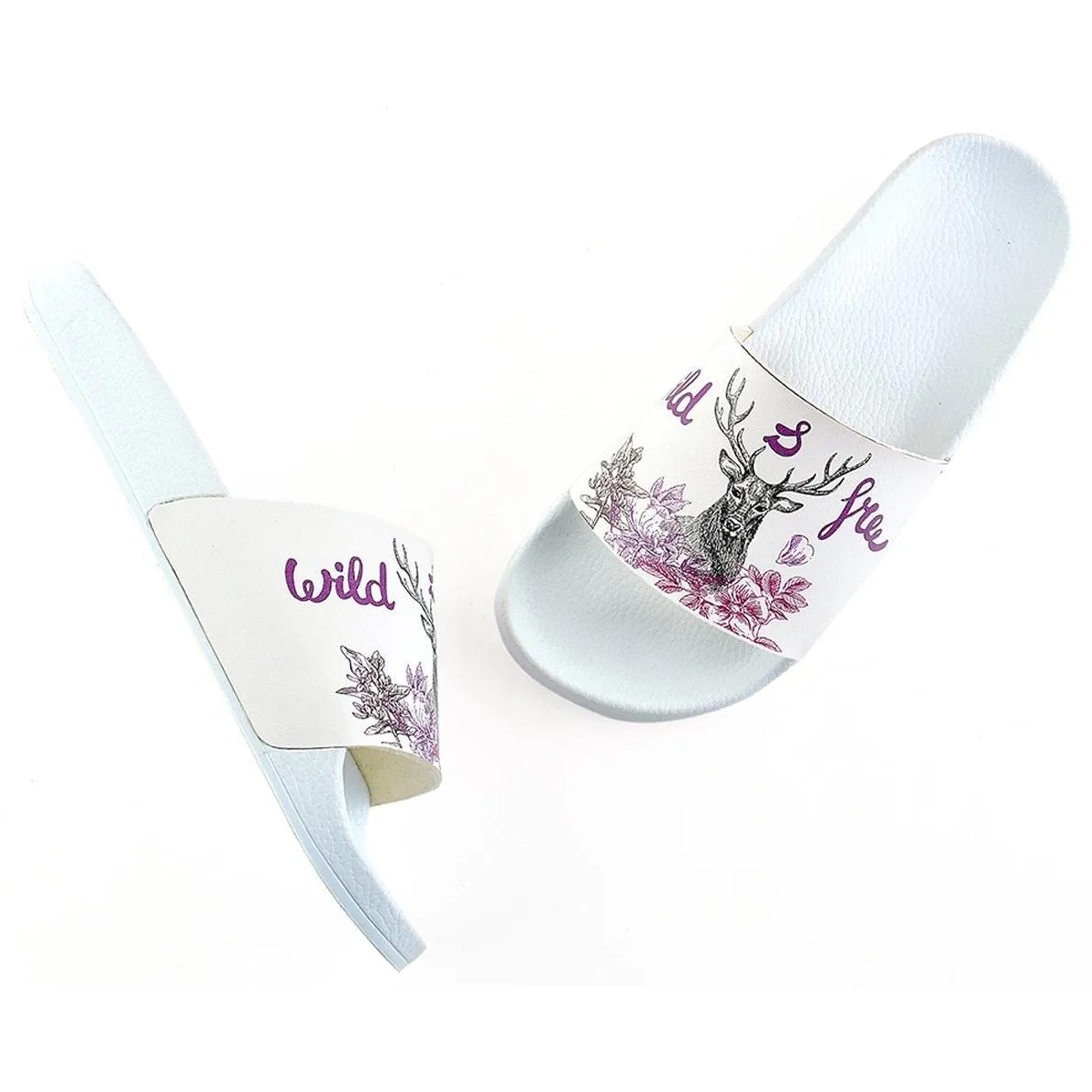 Purple Colored Wild and Free Written, Black Deer Patterned Sandal - CAP111