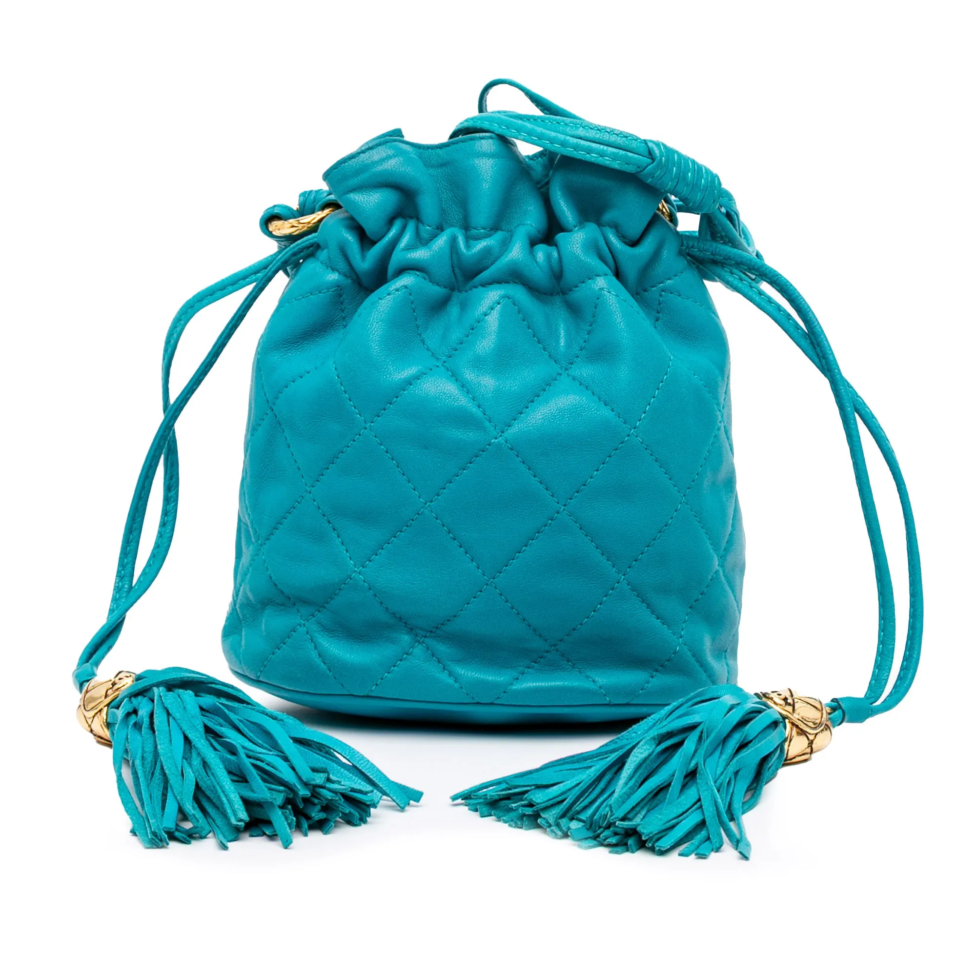 Quilted Lambskin Drawstring Tassel Bucket Bag