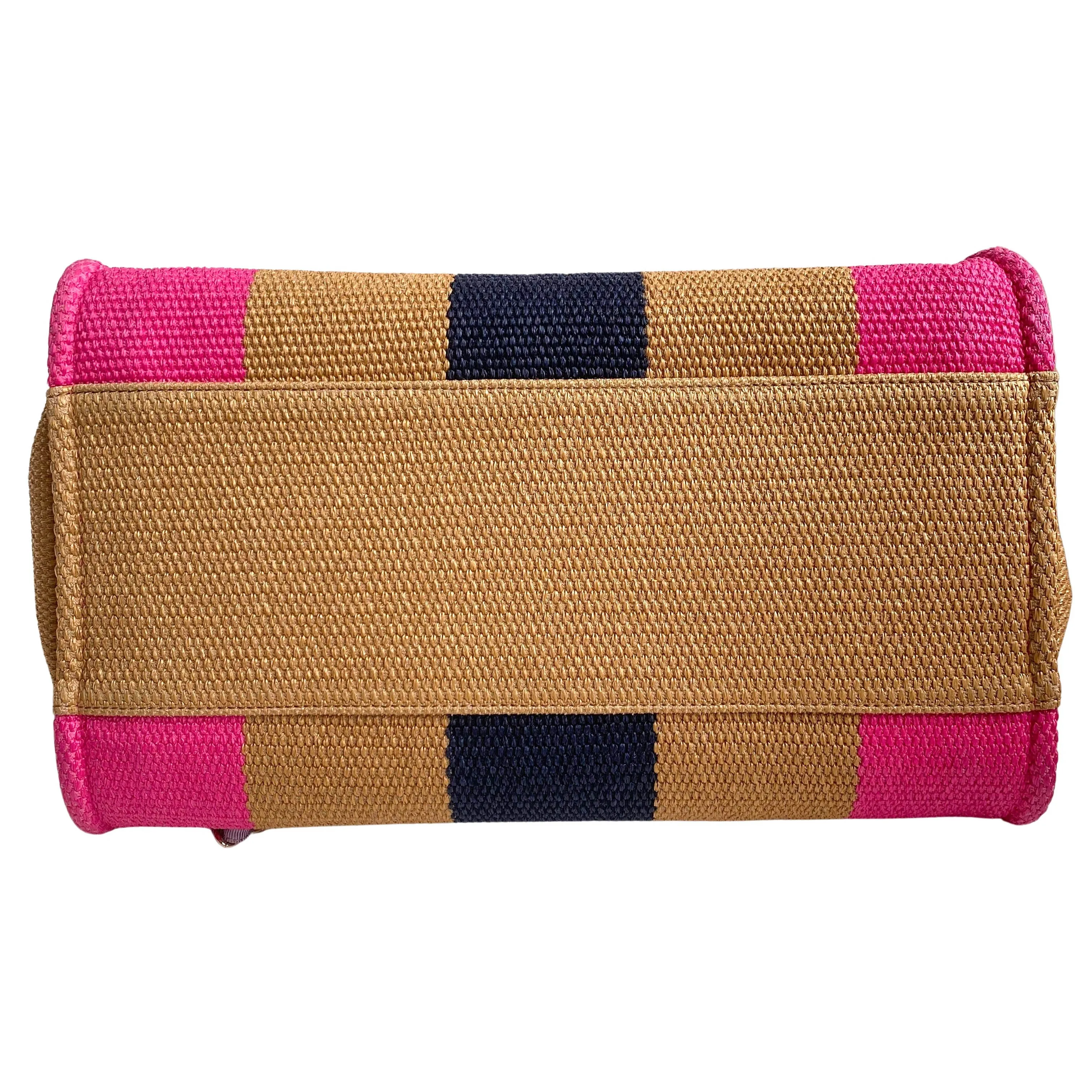 Raffia Medium Deauville Tote in Brown Fuchsia Navy