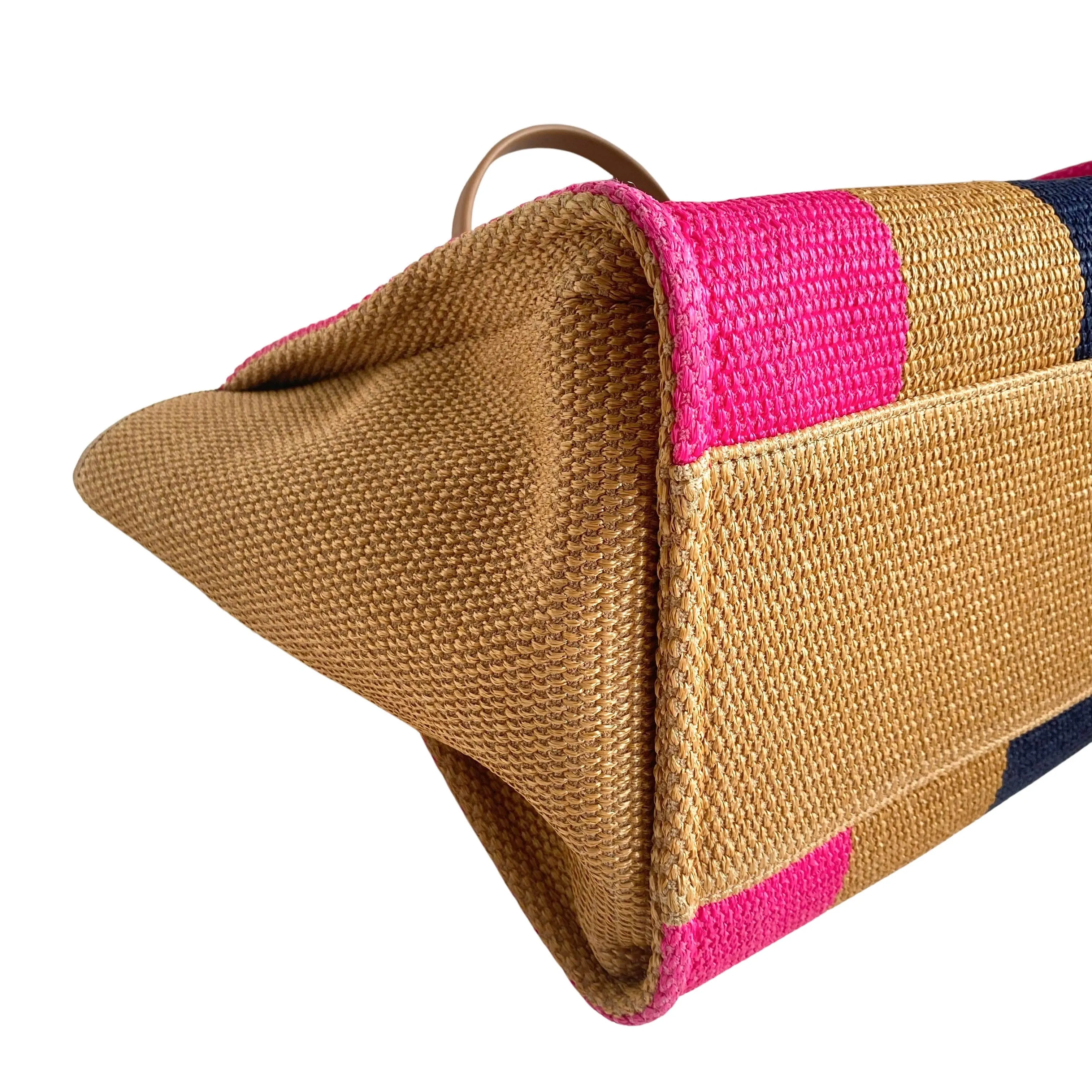 Raffia Medium Deauville Tote in Brown Fuchsia Navy