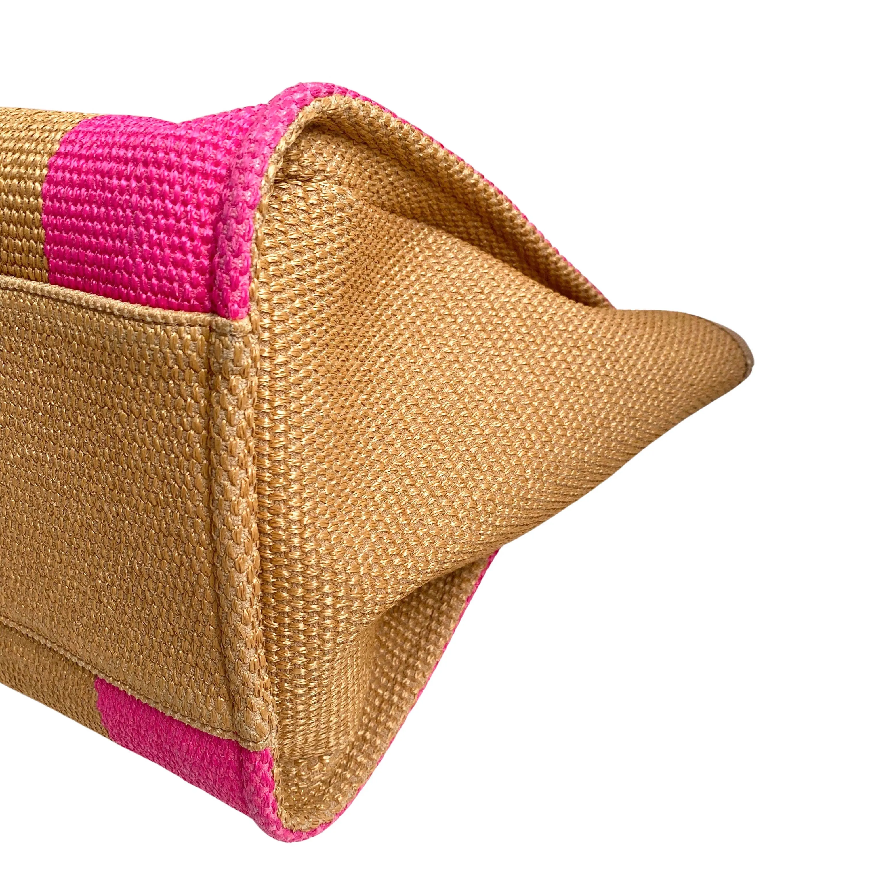 Raffia Medium Deauville Tote in Brown Fuchsia Navy