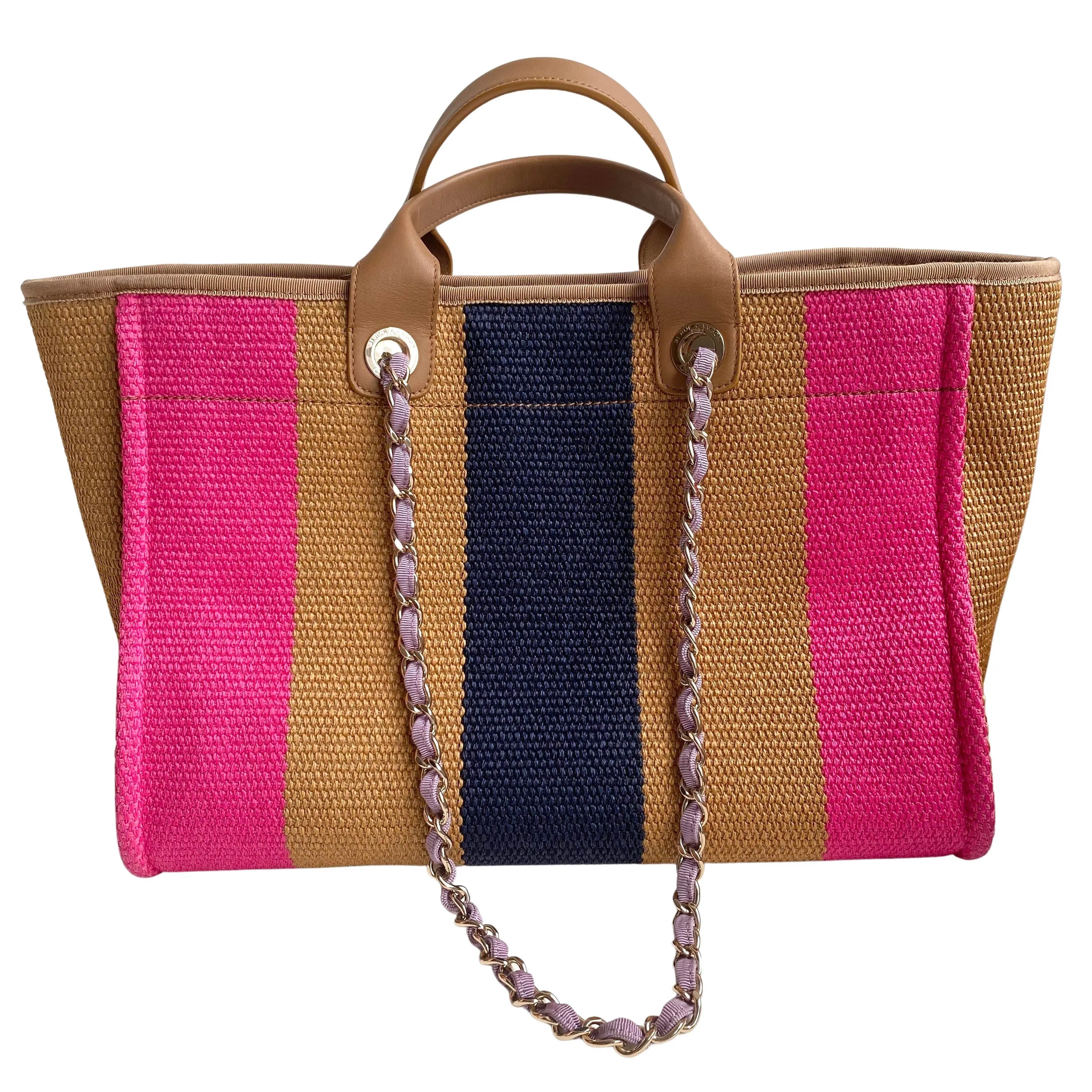 Raffia Medium Deauville Tote in Brown Fuchsia Navy