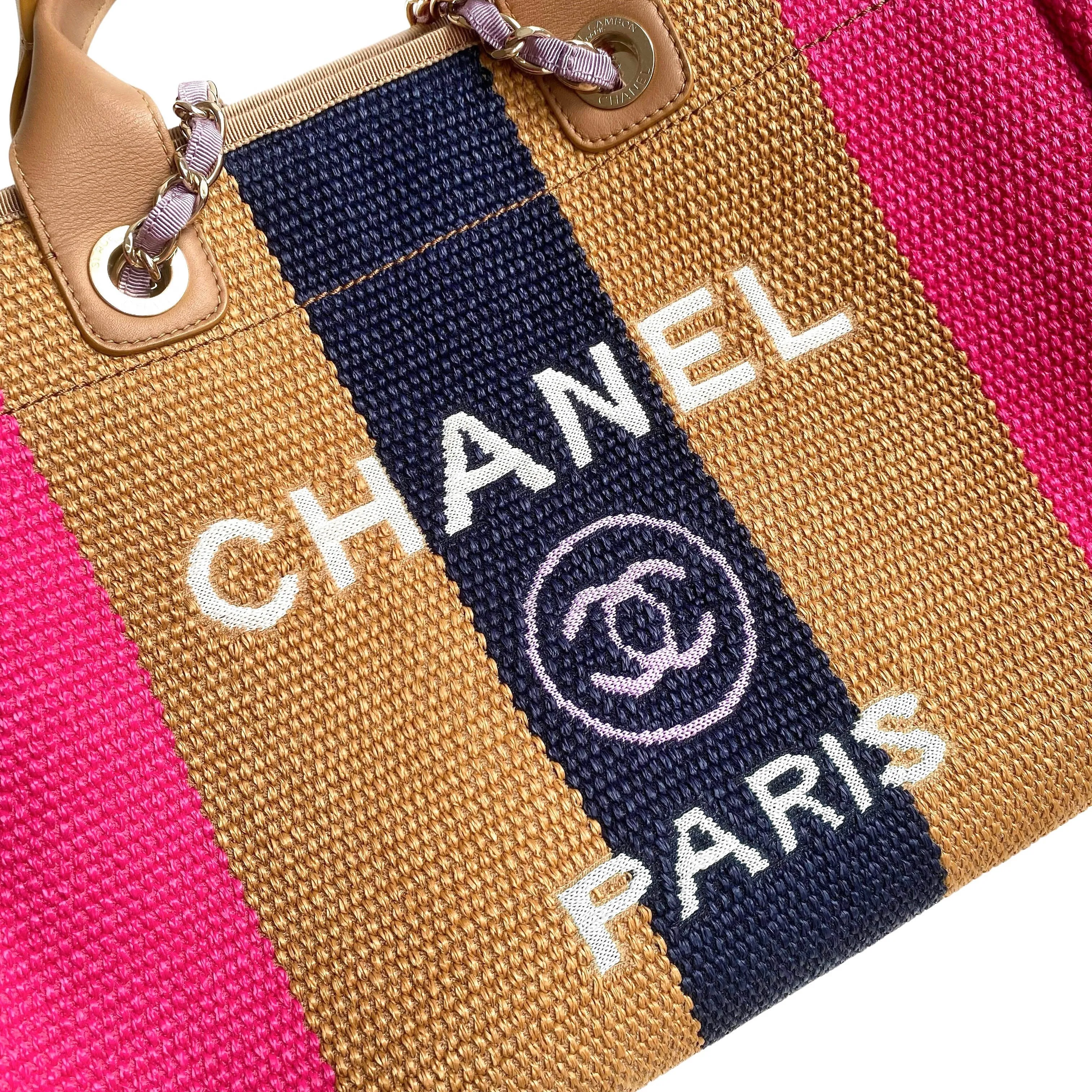 Raffia Medium Deauville Tote in Brown Fuchsia Navy