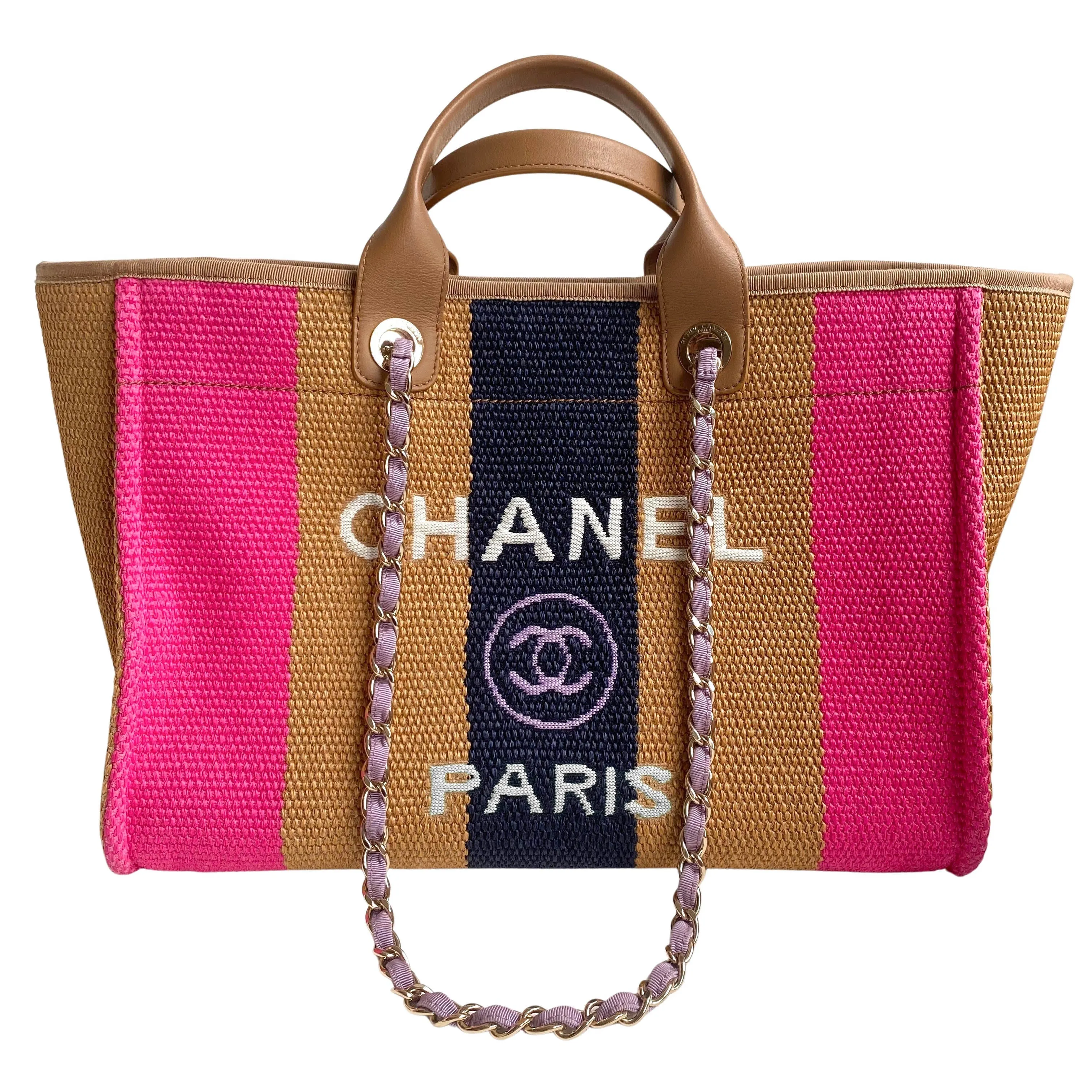 Raffia Medium Deauville Tote in Brown Fuchsia Navy
