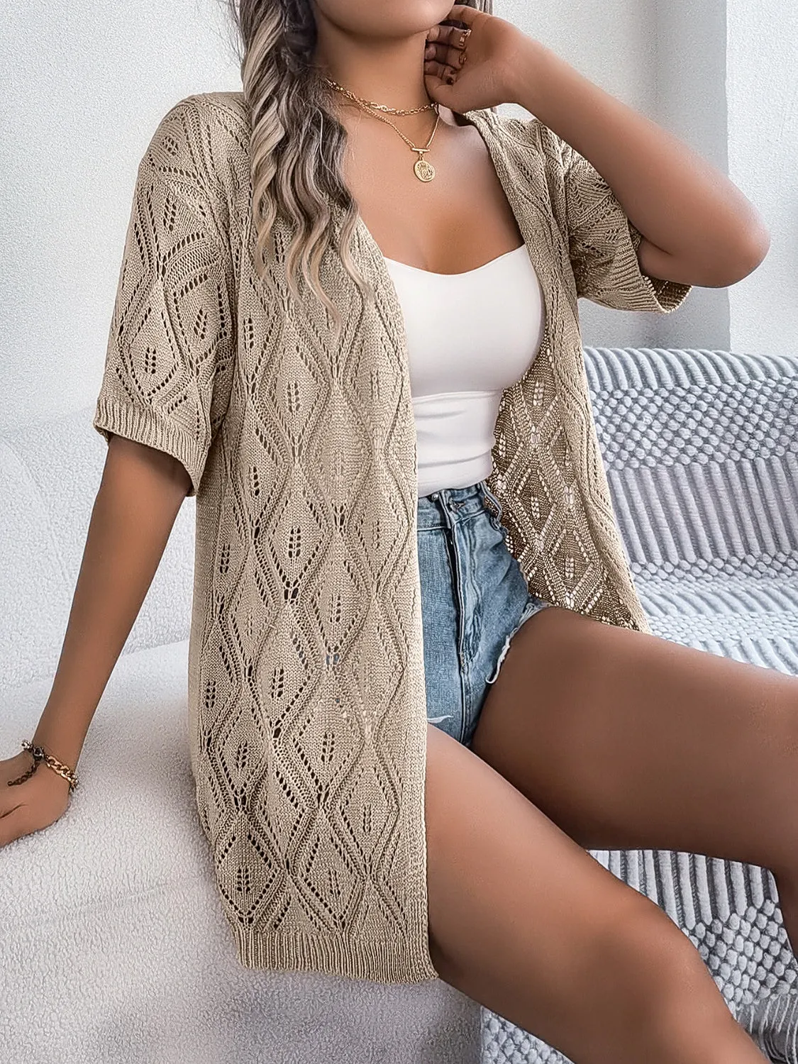 Ramsay Openwork Open Front Half Sleeve Cardigan