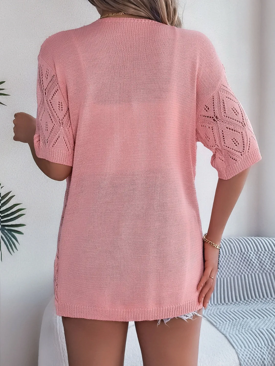 Ramsay Openwork Open Front Half Sleeve Cardigan