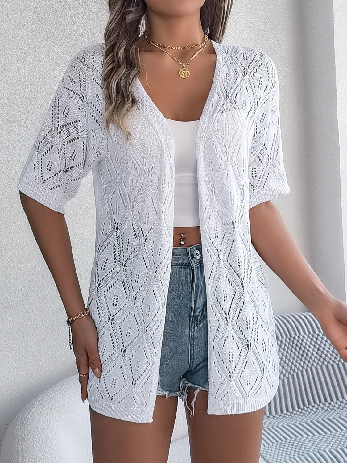 Ramsay Openwork Open Front Half Sleeve Cardigan