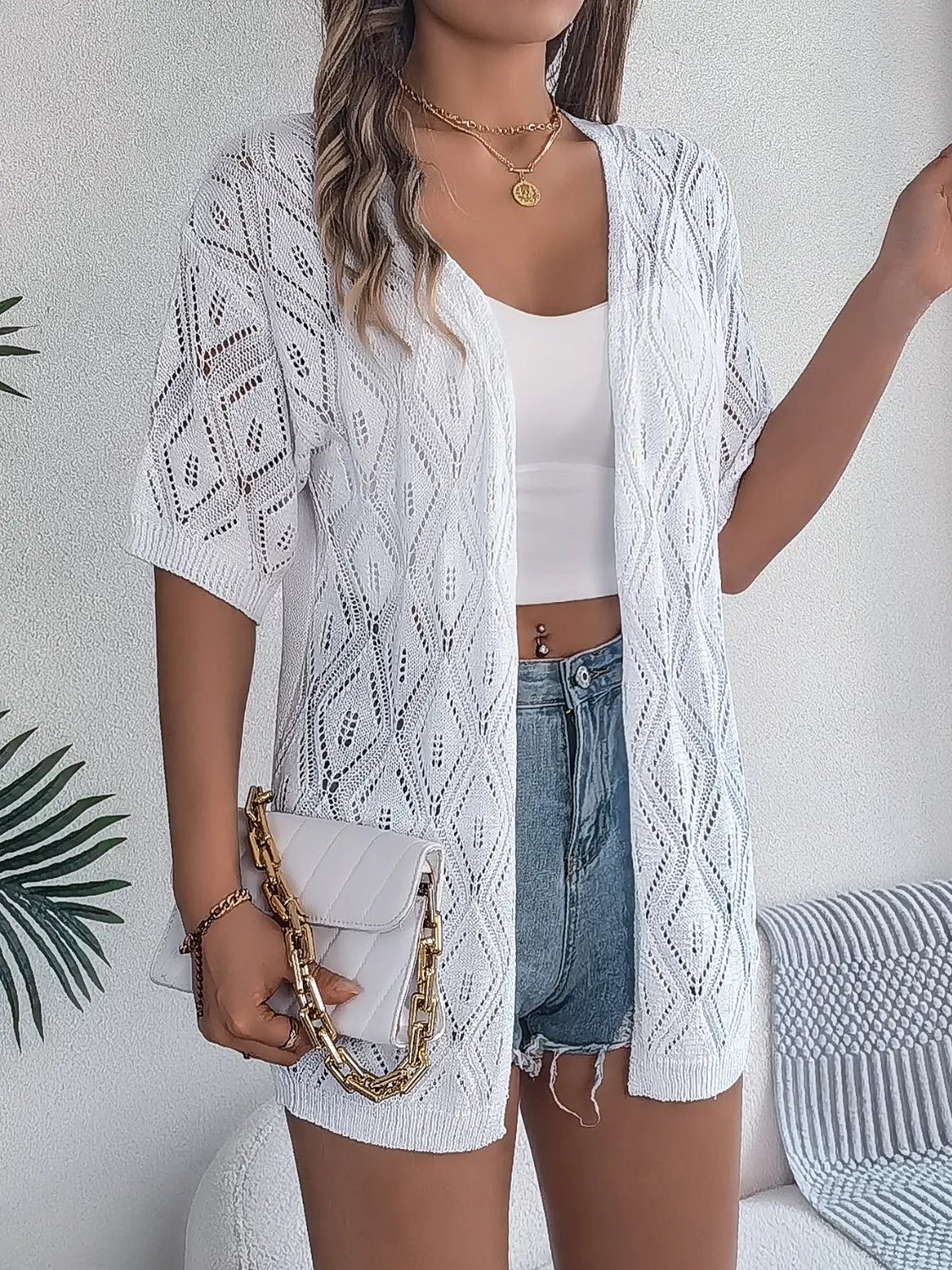 Ramsay Openwork Open Front Half Sleeve Cardigan