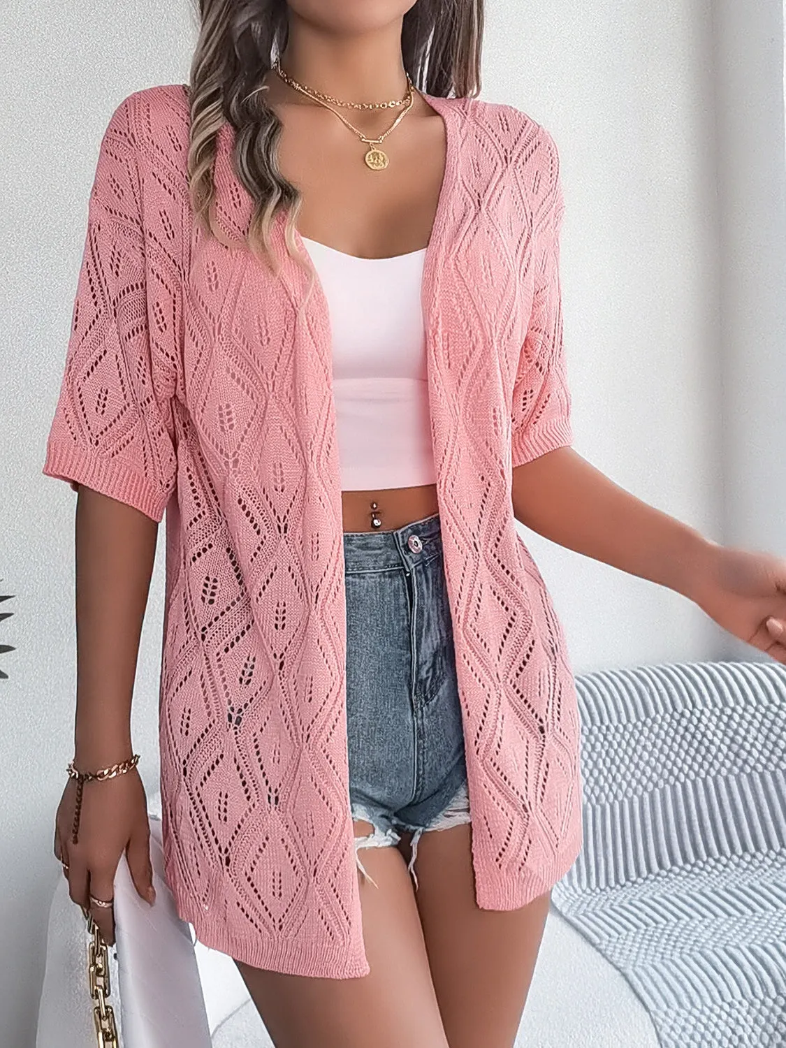 Ramsay Openwork Open Front Half Sleeve Cardigan